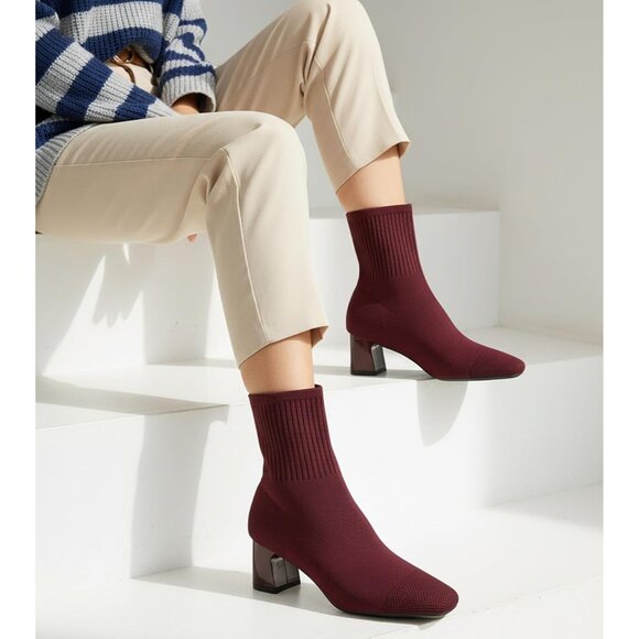 Women's Dark Red Dressy Comfy Knit Sock Square Toe Chunky Heel Slip On Booties - Picture 2 of 6